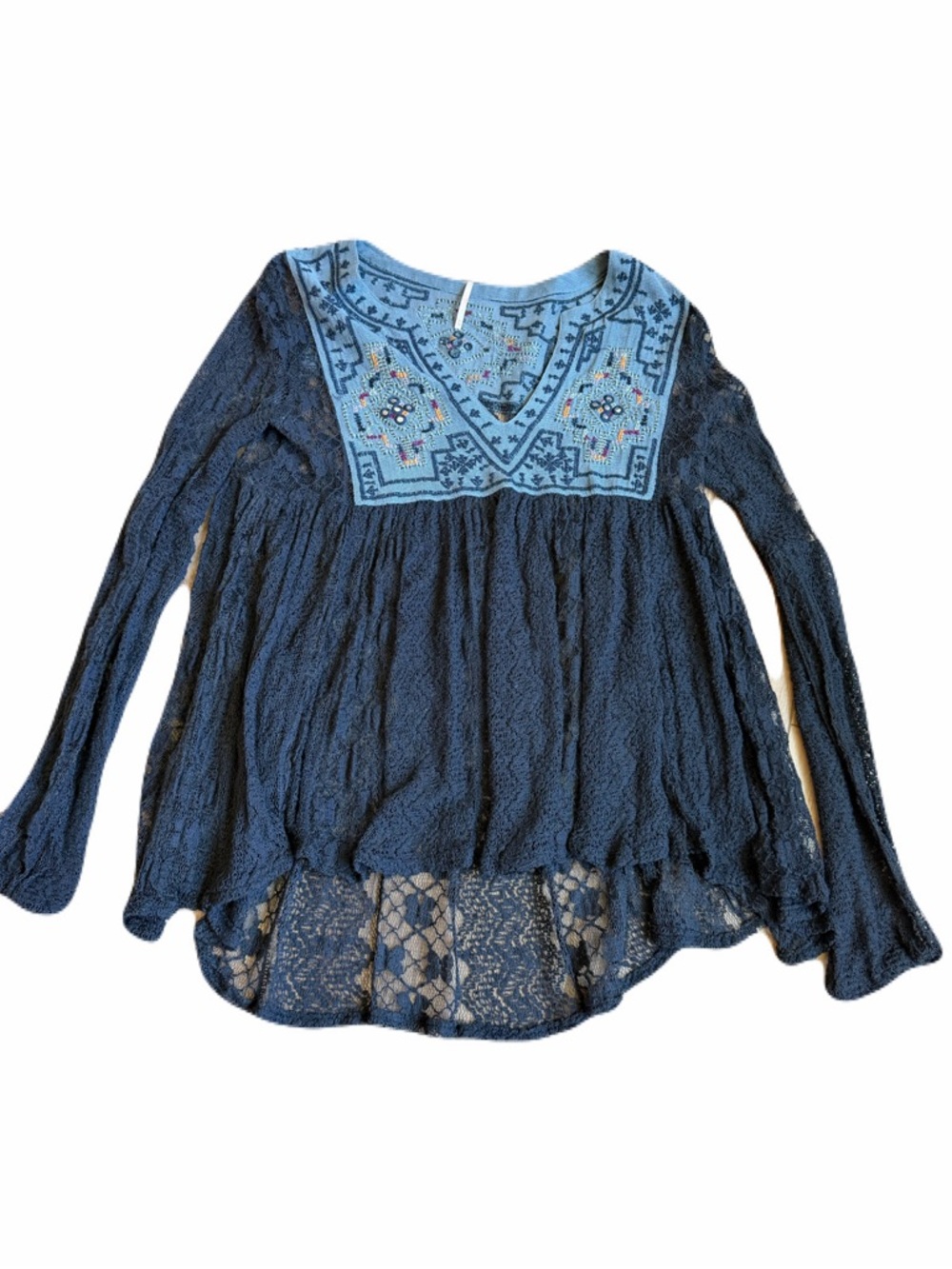 Free People Embroidered Lace Tunic Dark Gray Navy with Embroidery Boho XS